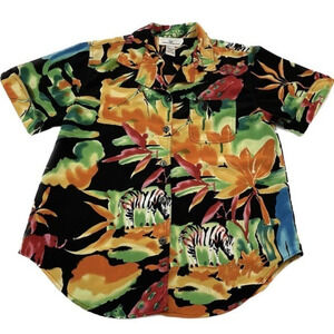 Women’s Medium Floral/Animal ShortSleeve Button Down Abstract Blouse‎ E. London